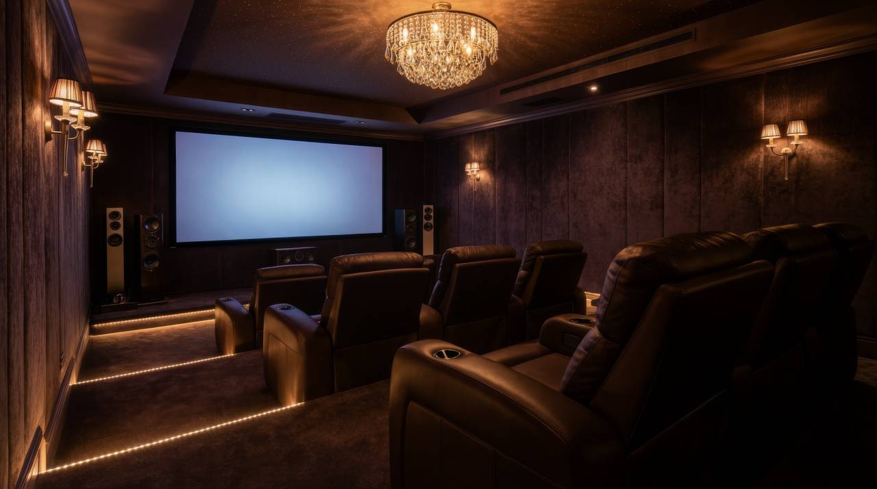Ambiente-conceito de sala de cinema residencial