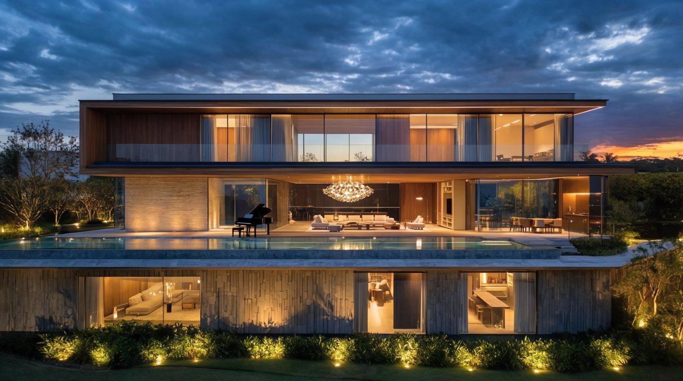 Fachada de casa moderna ao entardecer com os interiores acesos