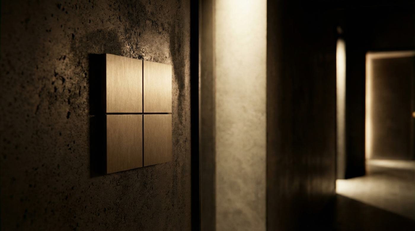 Teclado ROEHN de bronze feito à mão, instalado em parede de pedra com luz quente