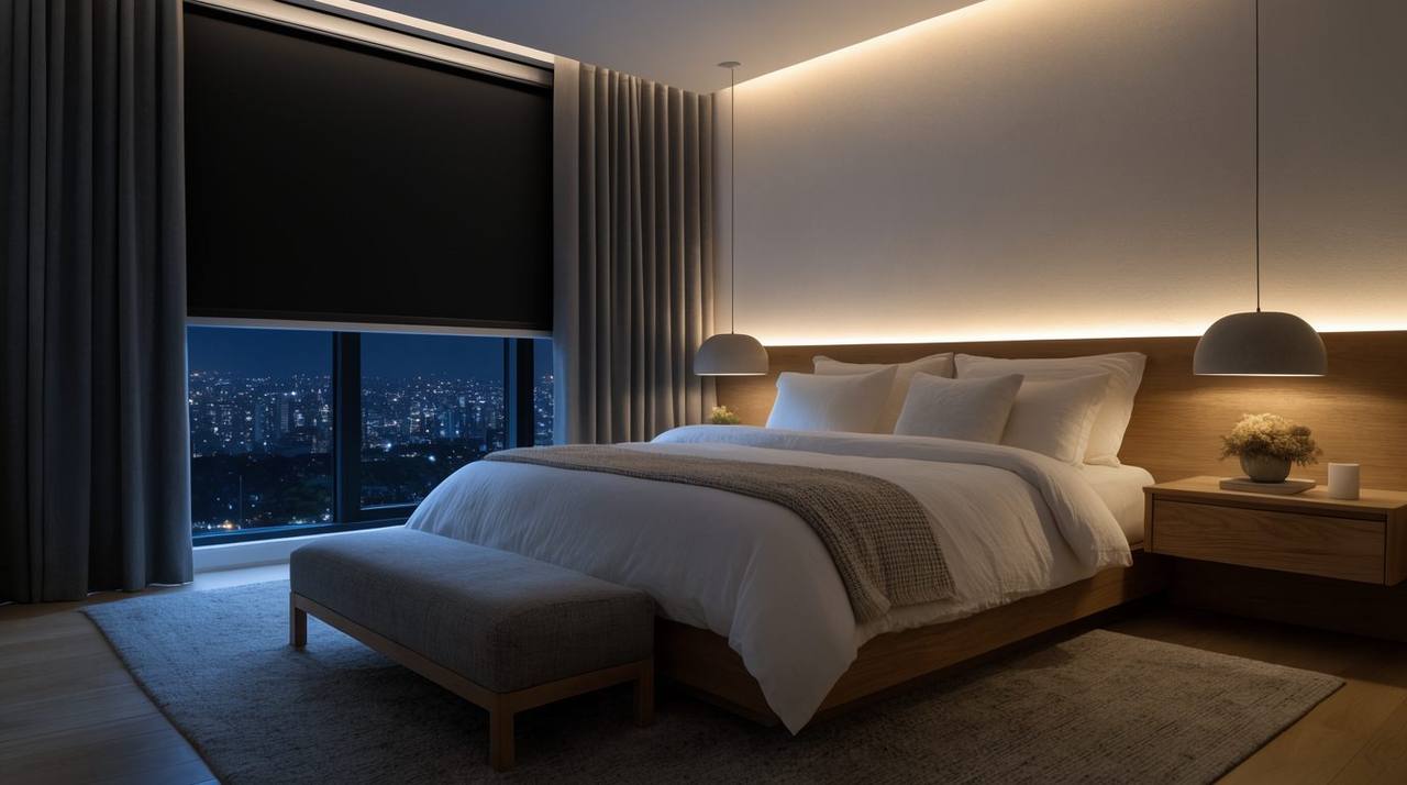 Suíte-conceito à noite com iluminação indireta e cortinas automatizadas